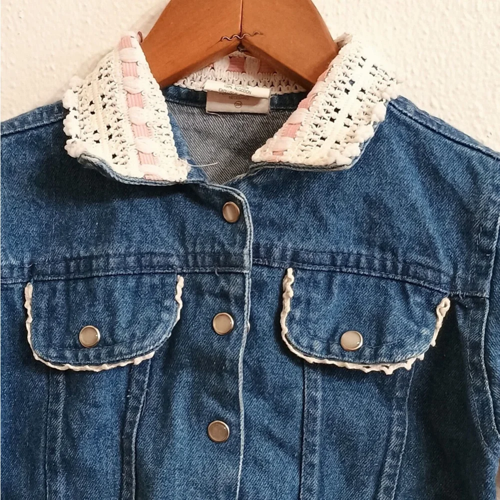 Vintage Hopscotch Pearl Snap Denim Jean Jacket Lace Collar Baby Girl 24 Mo